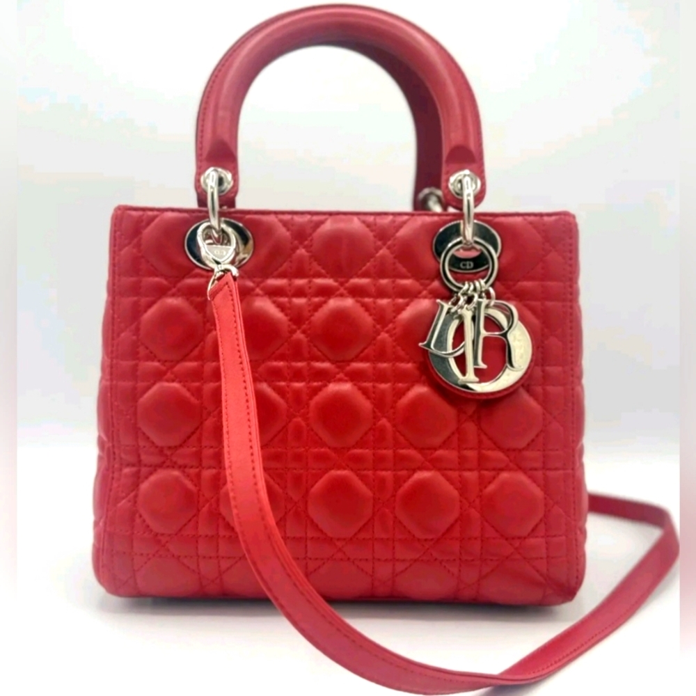 DIOR LADY RED CANNAGE QUILTED LAMBSKIN MEDIUM